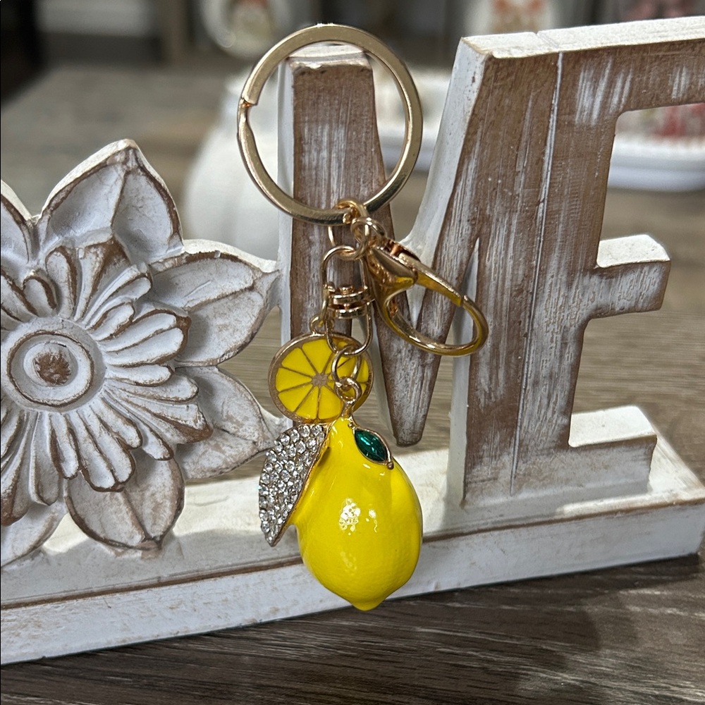 Yellow Lemon Keychain with Rhinestone Accents
